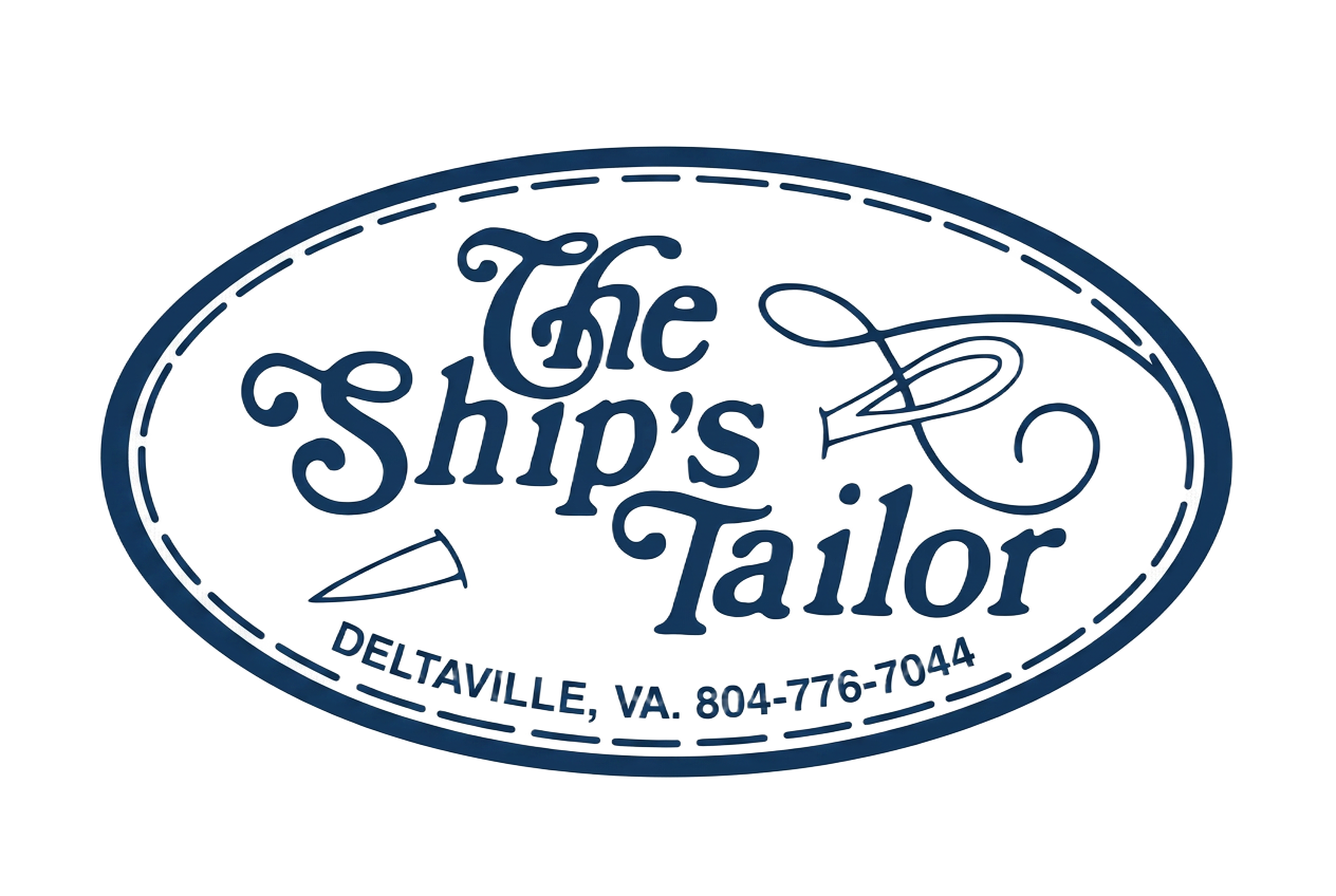 The original Ship's Tailor canvas label — Deltaville, VA