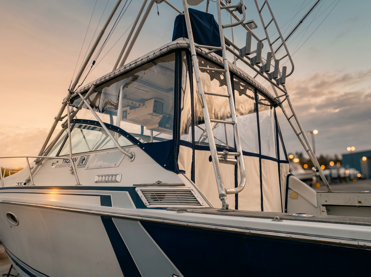 Custom navy canvas enclosure on a sportfisher at golden hour in Deltaville, VA
